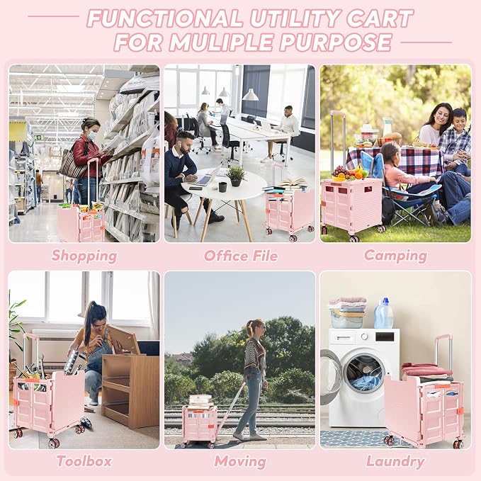 FELICON SELORSS Folding Utility Cart Portable Rolling Crate Handcart-Pink | Adjustable Handle+Extended Magnetic Lid,Storage Basket Box,4 Swivel Wheels Tote for Teacher Move Shop Travel Grocery Office - Image 8