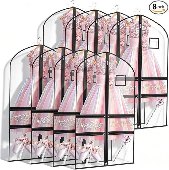 8 Pack Clear Garment Bags for Dance Costumes,40 Inch Transparent Dance Costume Bag with 4 Zipper Pockets & ID Window,Waterproof Hanging Garment Bag for Competition,Recital,Travel by ServingEveryFamily