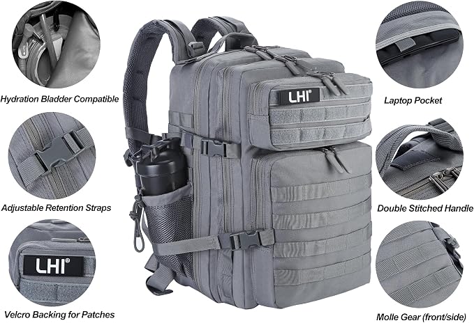 LHI Military Tactical Backpack for Men and Women 45L Army 3 Days Assault Pack Bag Large Rucksack with Molle System - Grey - Image 7