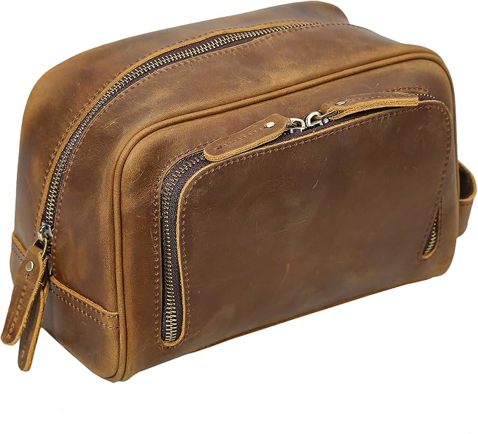 Polare Vintage Full Grain Leather Handmade Travel Toiletry Bag for Men - Dopp Kit - Shaving Kit with YKK Metal Zippers A-Brown by polareoriginal