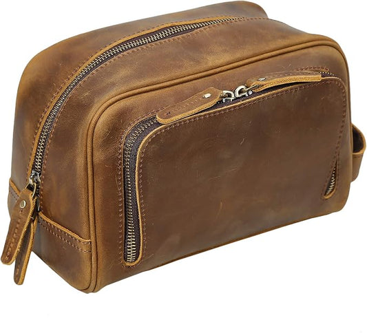 Polare Vintage Full Grain Leather Handmade Travel Toiletry Bag for Men - Dopp Kit - Shaving Kit with YKK Metal Zippers A-Brown by polareoriginal