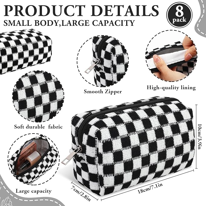 Gilprop 8 Pcs Checkered Makeup Bag for Purse Small Cosmetic Pouch Bulk Portable Zipper Makeup Pouch Travel Toiletry Organizer Gifts for Women Bridesmaid Wedding Party Favors (Black) - Image 2