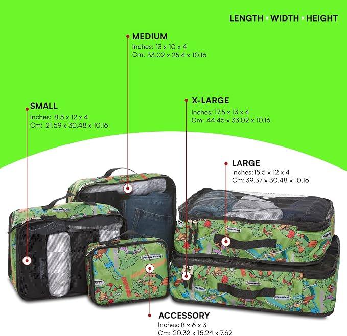 Teenage Mutant Ninja Turtles Packing Cubes - Leonardo, Raphael, Donatello, Michelangelo - TMNT 5 Piece Travel Luggage Organizer Set for Kids Teens Adults - Image 2