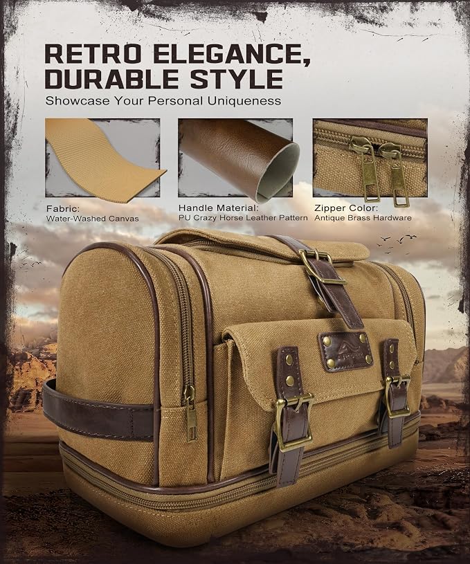 ARCFOX Travel Hanging Toiletry Bag for Men, Vintage Canvas Large Toiletry Bag with 7 Compartments, Camping Gym Travel Toiletry Kit Organizer with PVC Wet & Dry Pockets, Personalized Wash Bag, Brown - Image 9