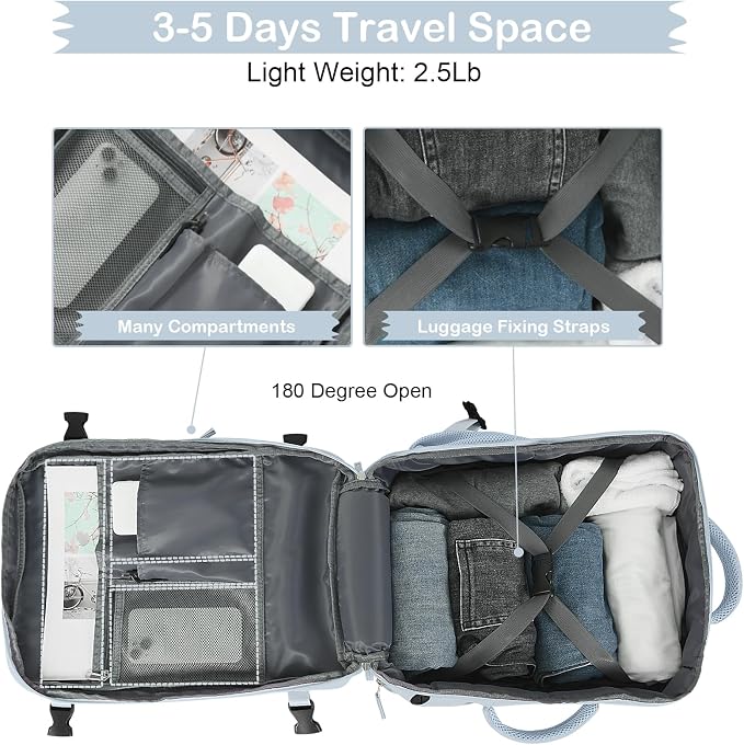 Hanples Large Travel Backpack for Women, 35L Carry on Luggage Backpack,17 Inch Laptop Backpack with USB Charging Port, Waterproof Casual Bag Gift for Men with 2 Toiletry Bags (Light Blue) | 35L Carry on Backpack, TSA Flight Approved Anti Theft Travel B... - Image 8