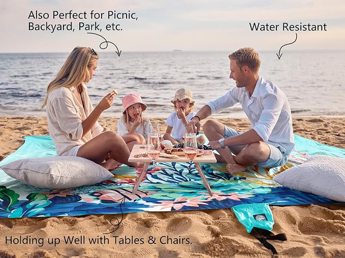 WEKAPO Beach Blanket Waterproof Sandproof Oversized, Extra Large Beach Mat Sand Free, Lightweight & Compact Sand Free Mat with 5 Stakes & 4 Corner Pockets - Image 4