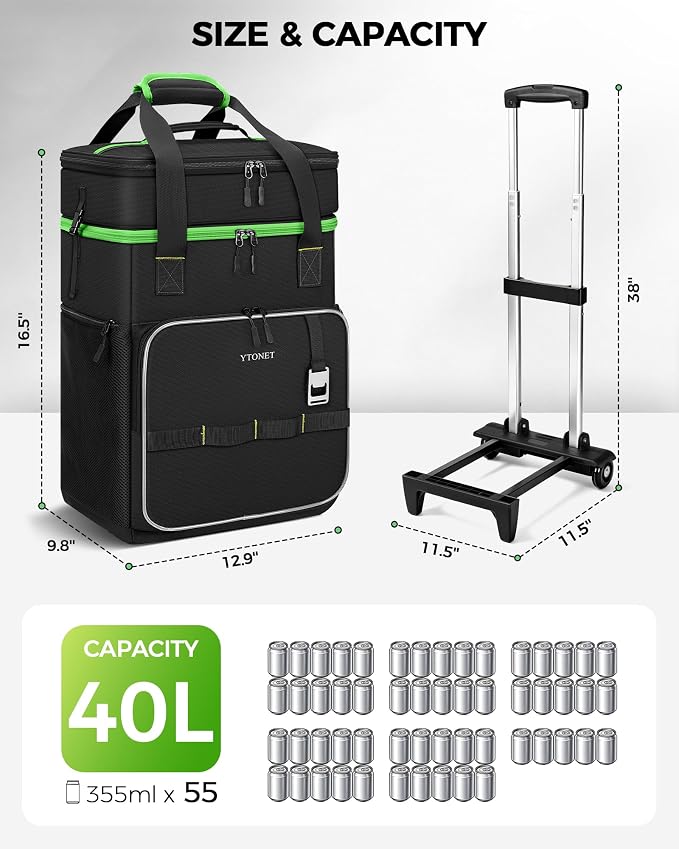 Ytonet 2-in-1 Rolling Cooler with Wheels, 55 Cans/40L Large Insulated Cooler on Wheels with Detachable Top Bag, Leakproof Soft Sided Cooler Bag for Beach, Picnic, Camping, Travel and Grocery，Black - Image 6