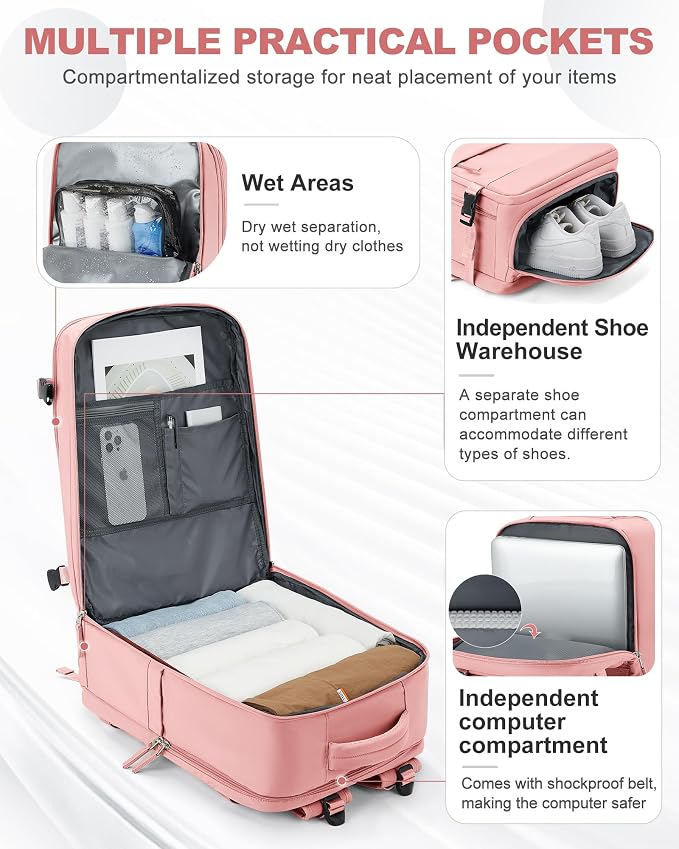 coowoz Large Travel Backpack Carry On for Women Man Gym Backpacks with Laptop Compartment Mochila de Viaje Teacher Personal Item Backpack Rucksack Airplane Accessories Must Haves Pink - Image 3