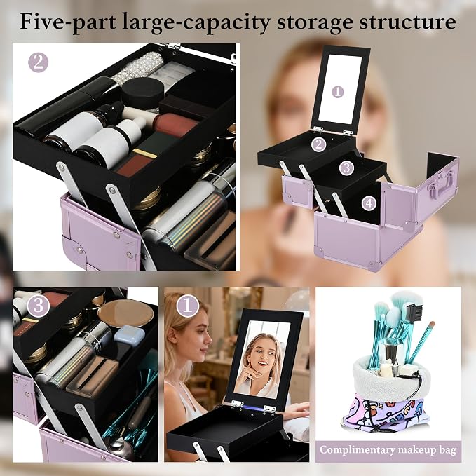Makeup Train Case, Portable Makeup Case with Mirror, 2-Trays Cosmetic Organizer Case,Nail Polish Organizer, Travel Makeup Box, Profesional for Salon Barber, Purple - Image 4