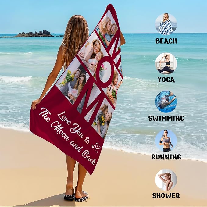 JML Mothers Day Birthday Gifts for Mom from Daughter Son, Personalized Beach Towel with Photo, Custom Beach Towel Gift for Mommy, Grandma, Women, Wife Anniversary Family Day, Summer, Holiday - Image 7