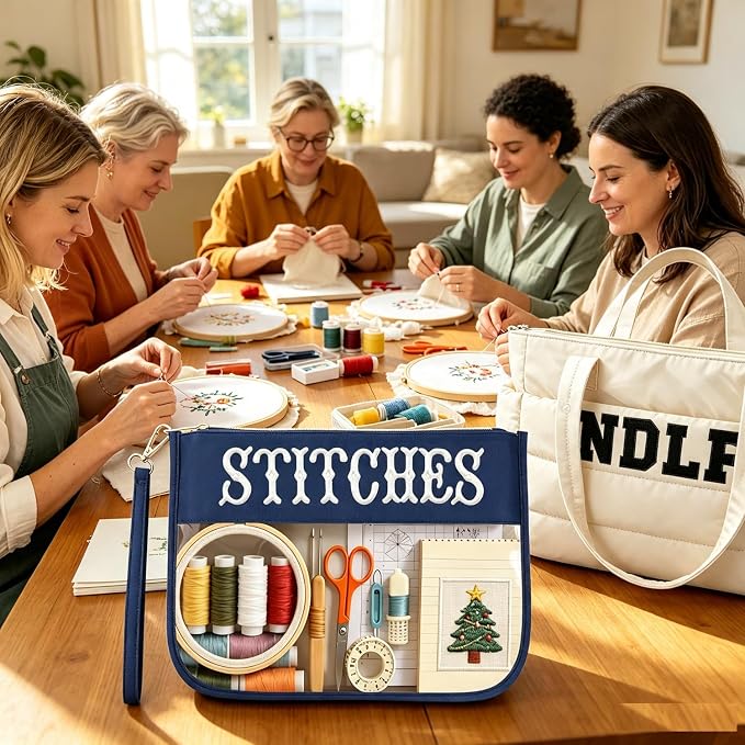 Needlepoint Tote Bag & Clear Zipper Pouch—Puffy Craft Organizer-Beige/Navy | Lightweight Puffy Project Bag for Embroidery Sewing Craft Storage Organizer/ 20L/Padded compartment– Gifts for Stitchers - Image 8