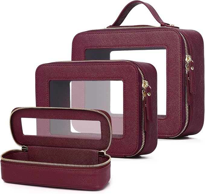 Travel Makeup Set, Burgundy, L+M+SLIM | Waterproof, Transparent Cosmetic Bag, Toiletry Bag, Makeup Brush Case with Zipper, Car Essentials for Women by LOFOWN