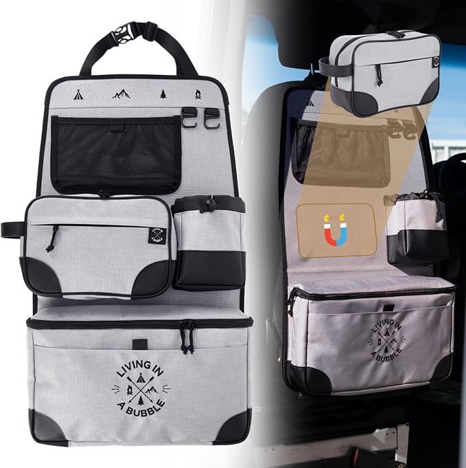 Living in a Bubble Seat back Organizer – Magnetic Toiletry and Cooler Pouch, Cordura Car Backseat Storage with Device Holder & Hooks, Multi-Compartment Utility Bag for Campervans & Family Travel by LivinginaBubble