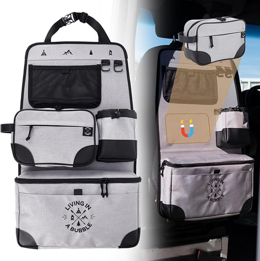 Living in a Bubble Seat back Organizer – Magnetic Toiletry and Cooler Pouch, Cordura Car Backseat Storage with Device Holder & Hooks, Multi-Compartment Utility Bag for Campervans & Family Travel by LivinginaBubble