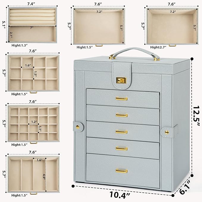 AKOZLIN 6-Tier Jewelry Box Organizer Functional 5 Drawers Leather Jewelry Storage Case for Women Girls Ring Necklace Earring Bracelet Holder Organizer with Mirror Grey Large - Image 2