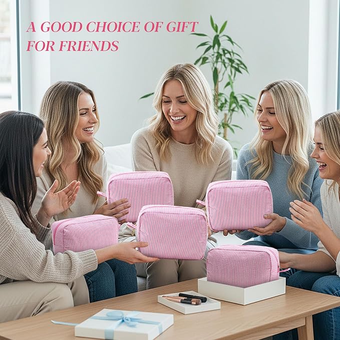 Sanwuta 9 Seersucker Cosmetic Bag Bulk Striped Makeup Bag for Women Aesthetic Cute Travel Toiletry Organizer Preppy Storage Pouch for Wedding Bridesmaid Mother's Day Teacher Gift (Large,Pink) - Image 6