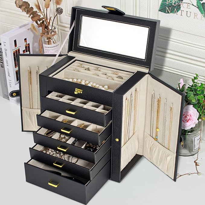 AKOZLIN 6-Tier Jewelry Box Organizer Functional 5 Drawers Leather Jewelry Storage Case for Women Girls Ring Necklace Earring Bracelet Holder Organizer with Mirror Black Large - Image 2