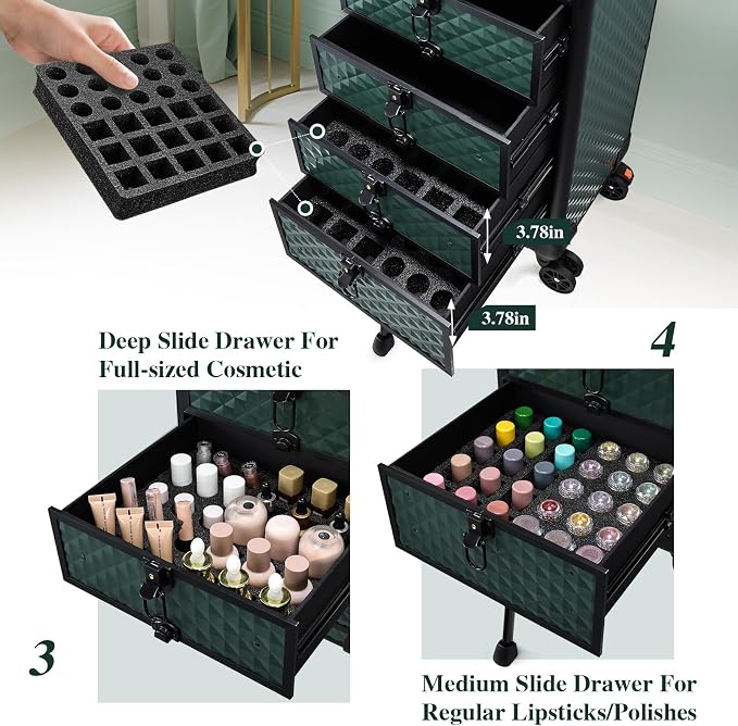 Yueieoun Nail Salon Cart with 4 Drawers,Rolling Makeup Train Case for Beauty,Cosmetology Case on Wheels Trolley Cart,Lockable Organizer Travel Case for Manicure/Face Painting/Hairstylist,DARK GREEN - Image 4