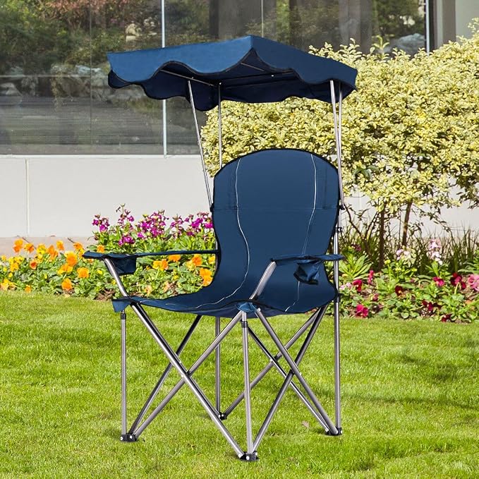 COSTWAY Portable Camping Chair with Canopy, Outdoor Lawn Chair with Shade, Carry Bag, Cup Holder, for Travel, Picnic, Beach (Blue) - Image 8