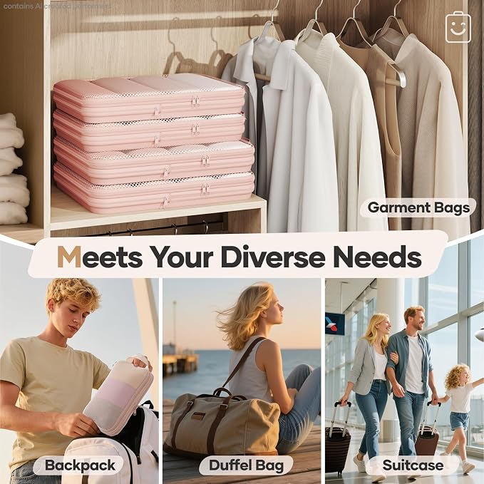 Veken 9/11 Set Compression Packing Cubes for Travel Essentials,Compressible Expandable Luggage Suitcase Organizer Bags with Garment Bag,Space Saver Bags with Over 1000 pcs of Mesh Holes(Beige) - Image 9