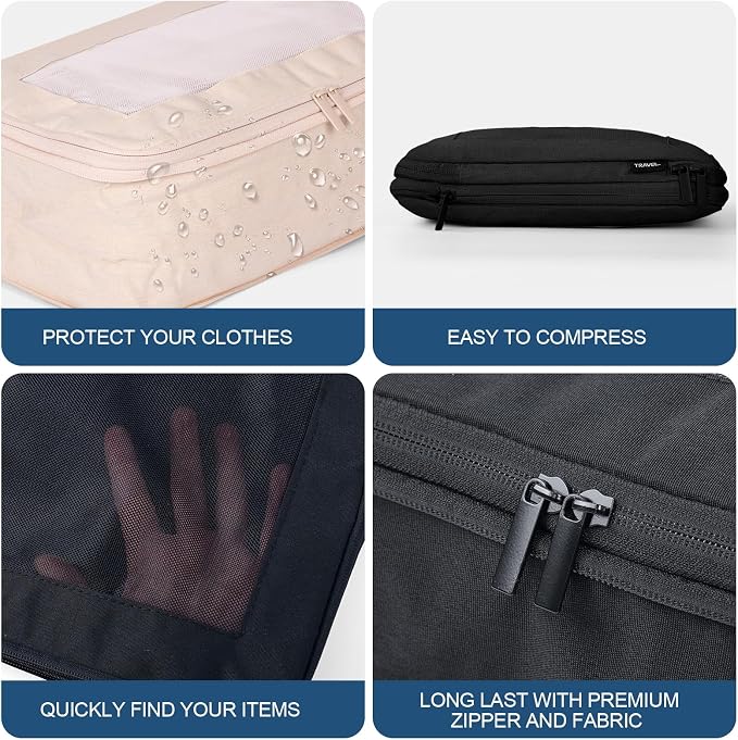 Compression Packing Cubes - Travel Organizer Bags for Suitcases and Luggage, Eco-Friendly Fabric (5-Pack) (Black) - Image 6