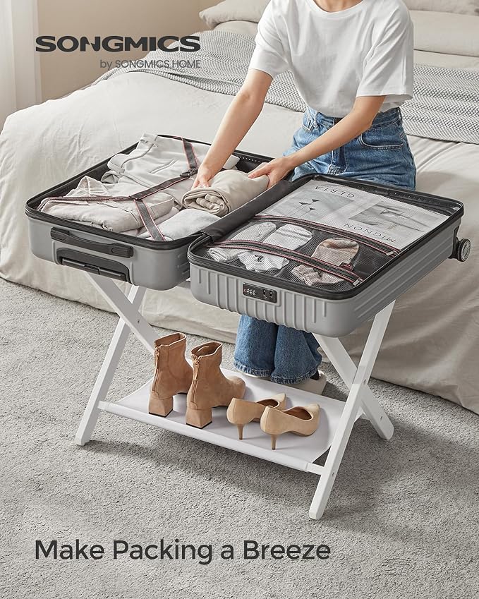 SONGMICS Luggage Rack, Folding Suitcase Stand with Storage Shelf, for Guest Room, Hotel, Bedroom, Heavy-Duty, Holds up to 131 lb, Classic White URLR007W01 - Image 2