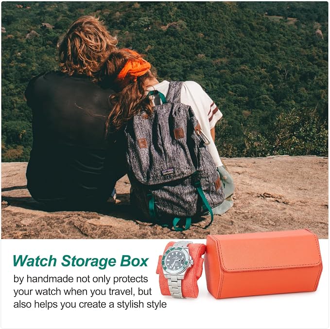 Hiram Genuine Leather Saffiano Watch Roll Travel Case, Leather 2-Watches Roll Case for Treasured Watches and Bracelets(Orange) - Image 5