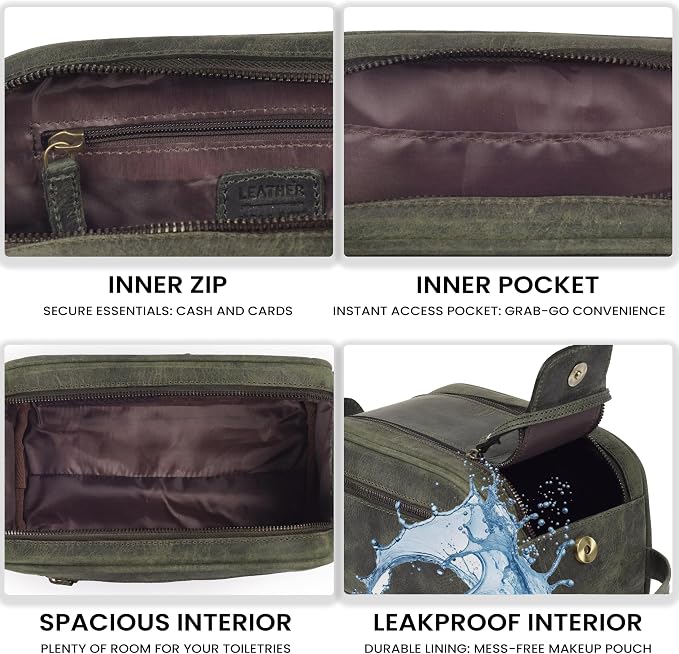 LEATHER VILLAGE Genuine Leather Toiletry Travel Pouch With Waterproof Lining - Olive | King-Size Handcrafted Vintage Dopp Kit Bag, Shaving & Bathroom Organizer, Gift for Men & Women - Image 5