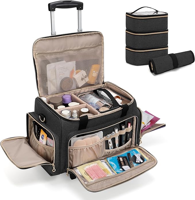 LUXJA Rolling Makeup Case with 3 Removable Makeup Bags and 1 Brush Holder | Large Cosmetic Bag with Detachable Shoulder Strap and Dolly, Professional Train Case with Multiple Storage Pockets, Black by Luxja