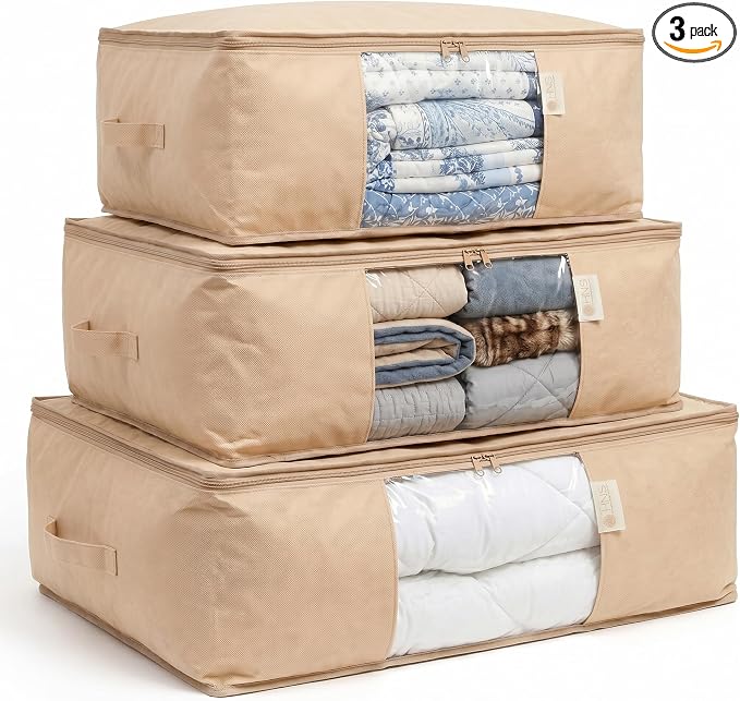 Cedar Storage Bag Organizer for Bedding Set - Protects from Moths, Moisture, Dirt & Dust - Set of 3 Storage Bags for Bed Sheets, Comforter, Pillows & More - Space-Saving Bedding Organizer, Beige by HOLDN%E2%80%99STORAGE