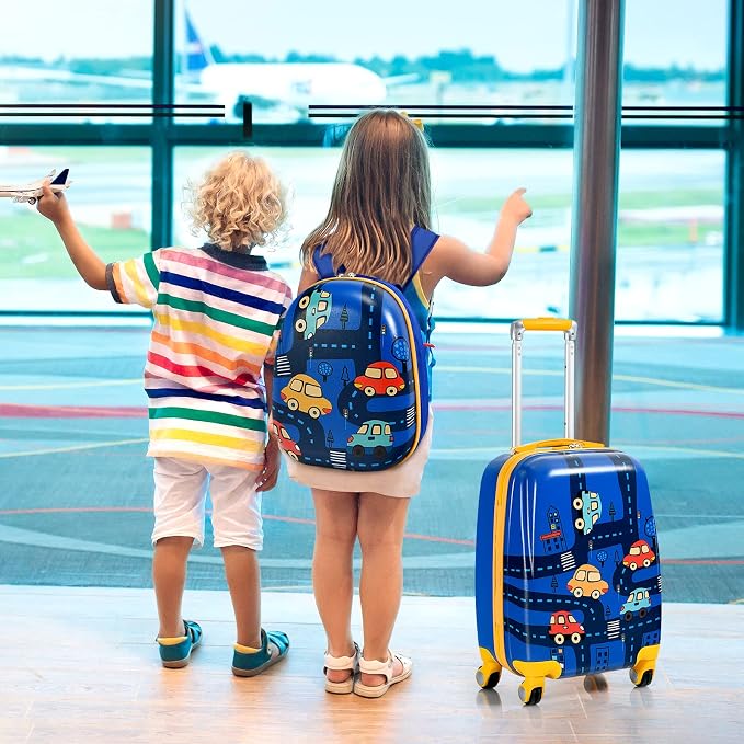 HONEY JOY Kids Luggage, 12" Toddler Backpack & 18" Travel Suitcase with Wheels, Lightweight Toddler Suitcase, Durable ABS Hardshell, 2Pcs Carry On Luggage Set for Boys Girls (Car) - Image 3