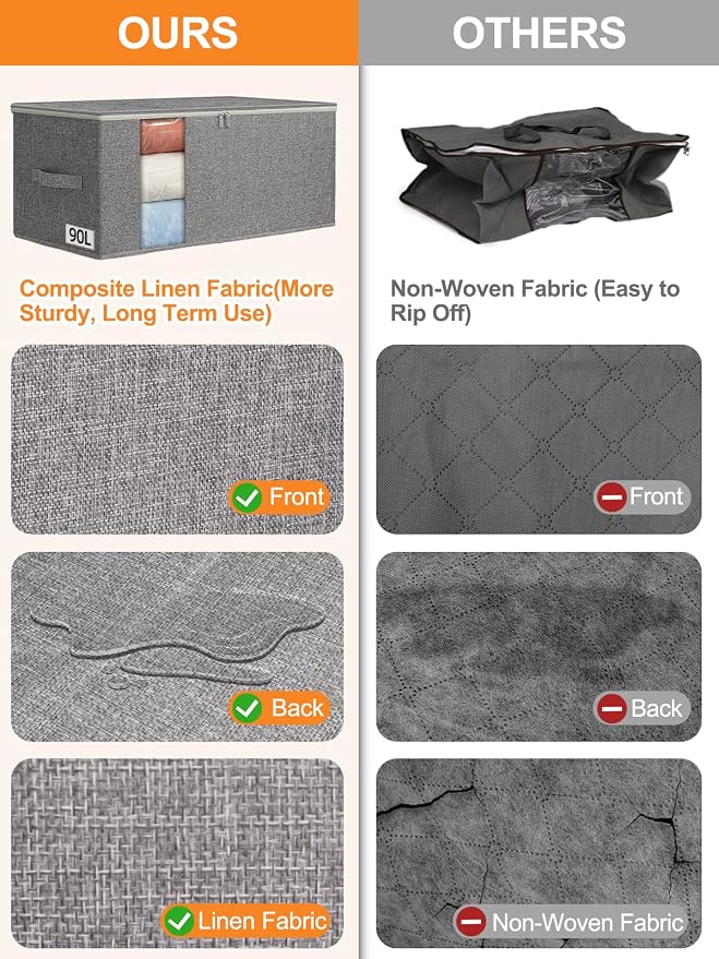 punemi King Size Comforter Storage Bag w/Sturdy Structure, 90L Extra Large Blanket Storage Bag for Bedding, Pillows, Quilts&Duvets, Stackable Closet Organizer with Clear Window,25.6x17.3x11.8in,Gray - Image 7
