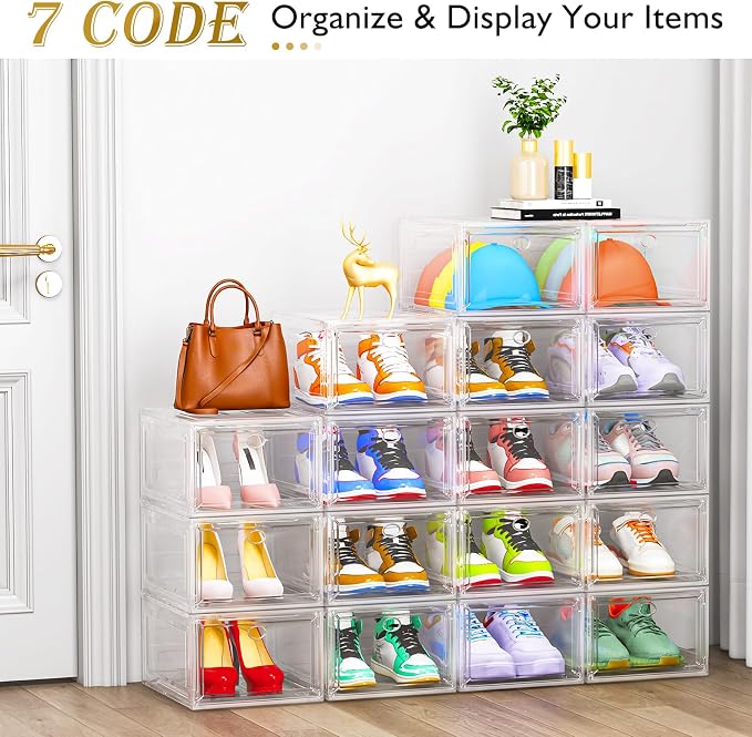 12 Pack Clear Shoe Storage Organizer with Magnetic Door,Stackable Plastic Shoe Boxes for Sneakers,Boots,and Heels,Space-Saving Foldable Shoe Rack for Closet,Durable Shoe Cabinet Organizer,White - Image 4