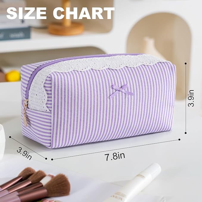 Makeup Bag Travel Toiletry Bag for Women, Small Cosmetic Bags with Lace Trim Cute Purple Stripe Aesthetic Organizer Makeup Pouch for Purse Emergency Bag Pencil Case Accessory Bag - Image 3