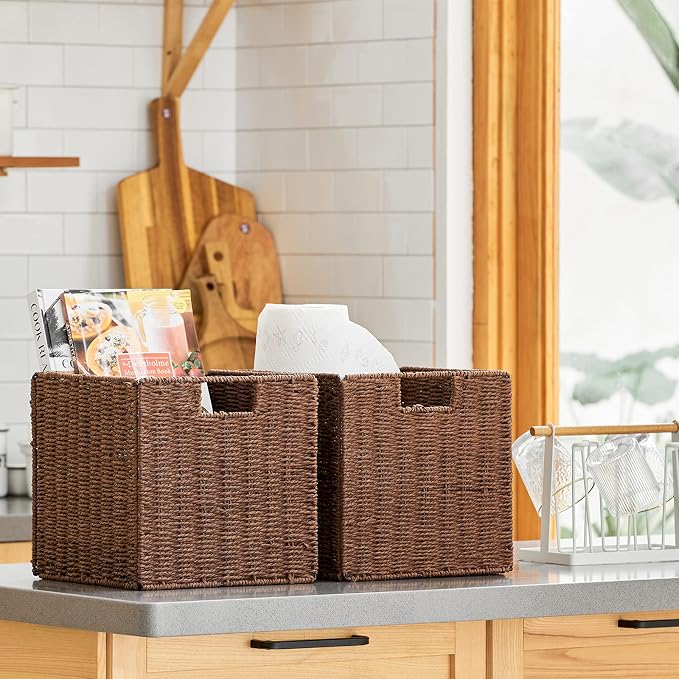 Vagusicc Wicker Storage Basket, Set of 2 Hand-Woven Storage Baskets for Shelves with Handles, Foldable Cube Storage Baskets Bins Organizer, 13 inch Large Wicker Baskets for Pantry Bedroom Decor, Brown - Image 3