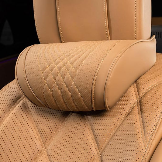 Car Headrest Pillow for Driving Memory Foam Palomino Brown 1 Pack | Soft Comfortable Leather Seat Head Rest Pillow Headrest Travel Neck Support Cushion for Most Cars SUV Home Office Chair by Dapucarin