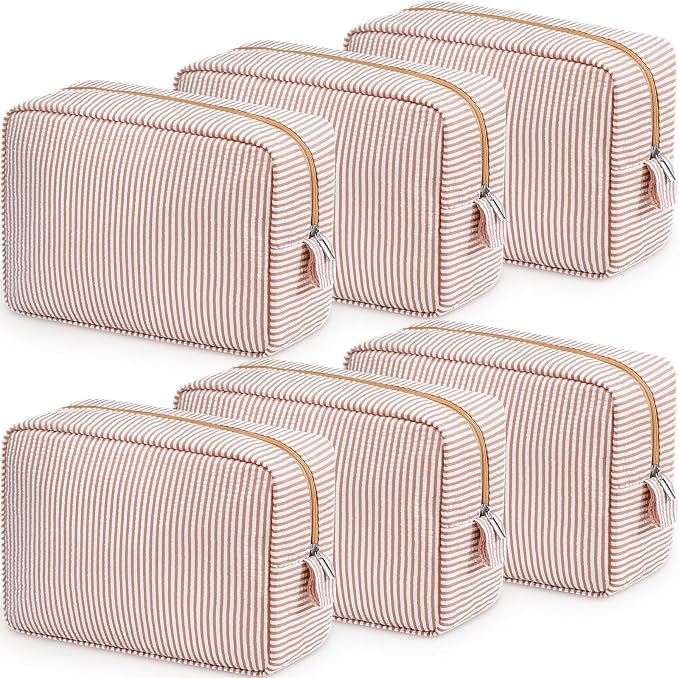 Sanwuta 6 Seersucker Cosmetic Bag Bulk Striped Makeup Bag for Women Aesthetic Cute Travel Toiletry Organizer Preppy Storage Pouch for Wedding Bridesmaid Mother's Day Teacher Gift (Large,Khaki) by Sanwuta