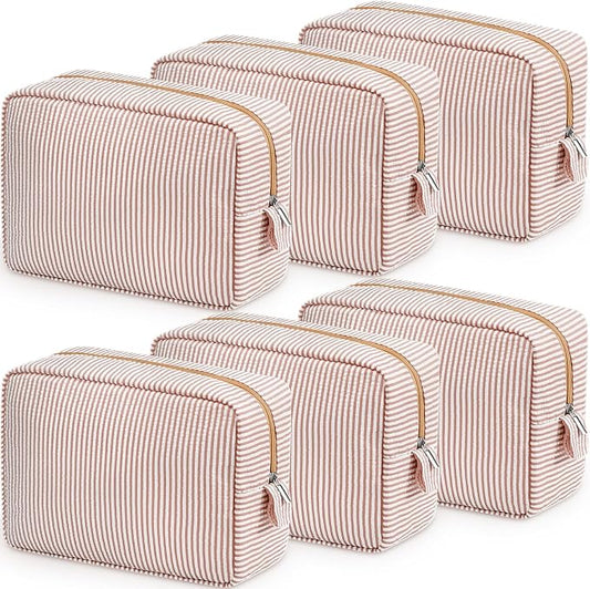 Sanwuta 6 Seersucker Cosmetic Bag Bulk Striped Makeup Bag for Women Aesthetic Cute Travel Toiletry Organizer Preppy Storage Pouch for Wedding Bridesmaid Mother's Day Teacher Gift (Large,Khaki) by Sanwuta