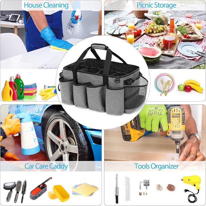 HODRANT Extra-Large Cleaning Caddy with Handles & Multi Pockets | Large Capacity Tote Bag for Cleaning Tools & Products Storage, Cleaner Organizer for Car, Home & Housekeeping Work, Gray - Image 7