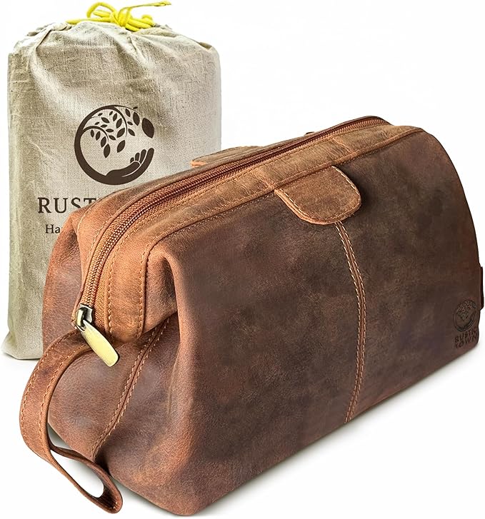 RUSTIC TOWN Full Grain Leather Toiletry Bag for Men – Wide Opening Dopp Kit with Metal Frame, Water-Resistant Travel Organizer for Shaving, Grooming & Accessories by RusticTown