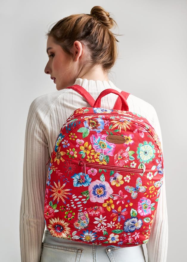 Maison d' Hermine Backpack for Women Men Cotton Shoulder Multipurpose Rucksack with Small Pouch Lightweight Multi Pocket for Travel Work Beach Perfect for Spring Summer (Happy Florals - Red) - Image 7