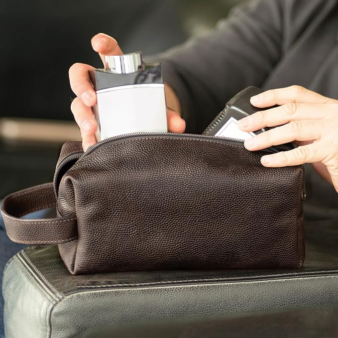 Leather Toiletry Bag for Men – Water Resistant Travel Dopp Kit - Premium Full Grain Leather Cosmetic Case- Perfect Gifts for Him - Mens Toiletry Bag (Chocolate) - Image 2