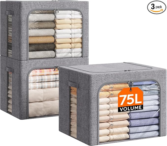Lifewit Clothes Storage Bins with Metal Frame, Stackable Storage Box, Foldable Clothing Storage Bins with Lids, 75L Storage Bags Fabric Box Organizer with Clear Window＆ Zippers＆ Sturdy Handles 3 Pack by Lifewit