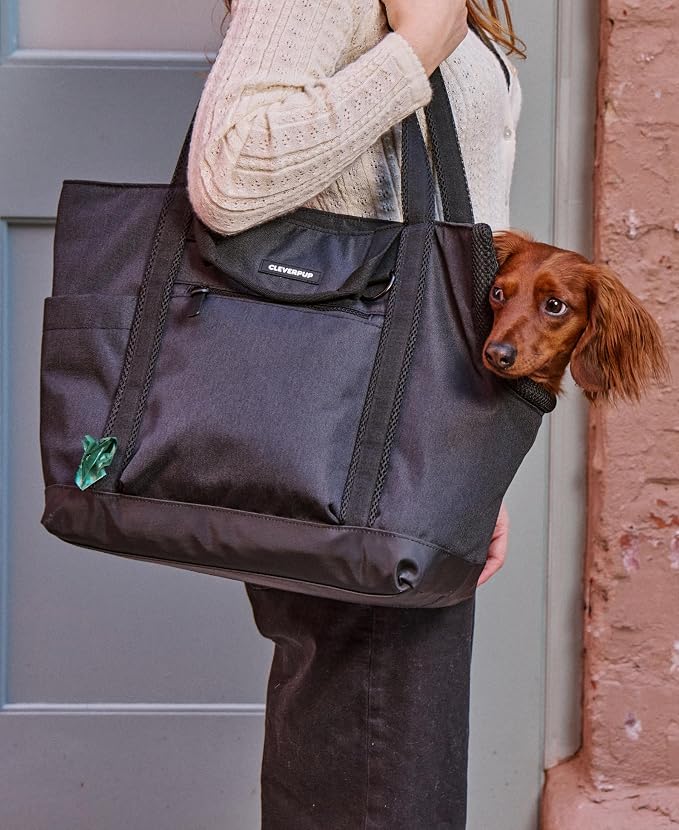 CLEVERPUP Transit Tote Dog Carrier for Small/Medium Dogs 8-20 lbs, 19x12x9 Soft-Sided 4-Pc Set with Waterproof Base, Plush Insert, Food Pouch, Mesh Head Opening - Medium, Graphite - Image 6