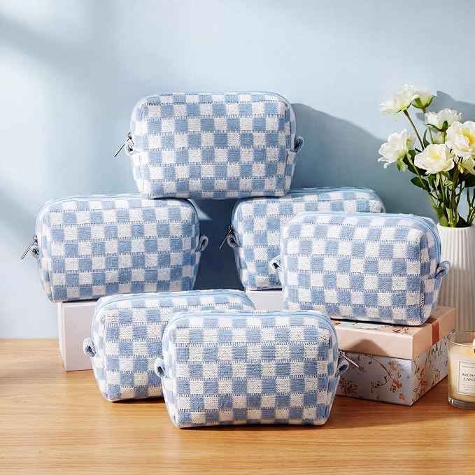 Gilprop 8 Pcs Checkered Makeup Bag for Purse Small Cosmetic Pouch Bulk Portable Zipper Makeup Pouch Travel Toiletry Organizer Gifts for Women Bridesmaid Wedding Party Favors (Blue) - Image 4