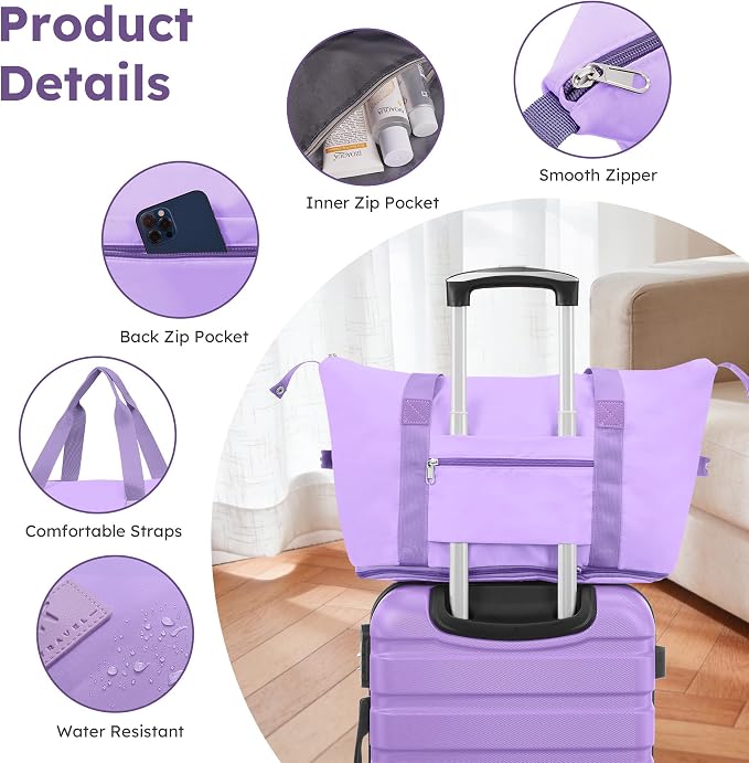 Suitour Luggage Sets 6 Piece, 20-inch Carry-on and 24 inch28 inch Checked Suitcase Set with Cosmetic Case and Expandable Travel Duffle Bags Set(Purple) - Image 5