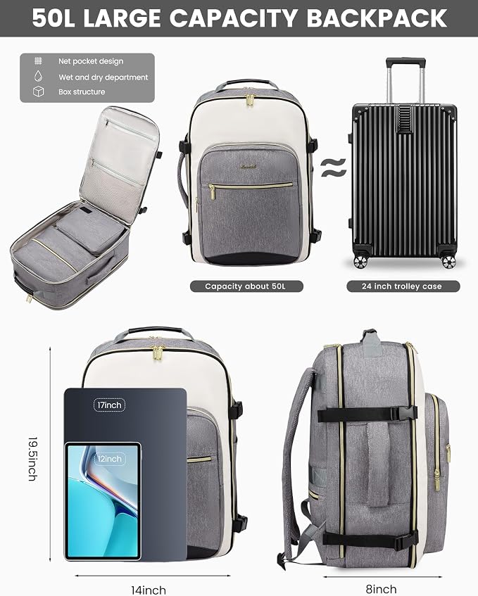 LOVEVOOK 50L Large Travel Backpack for Women & Men, Carry on Backpack Airline Approved, Waterproof Travel Essentials fits 18" Laptop, TSA Personal Item Travel Bag Sports Backpack with 3 Packing Cubes - Image 3