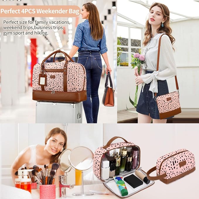 Wogarl 4PCS Weekender Bags for Women Large Overnight Weekend Travel Duffel Carry on Shoulder with Shoe Compartment Canvas Toiletry Bag for Travel Business Gym - Image 2