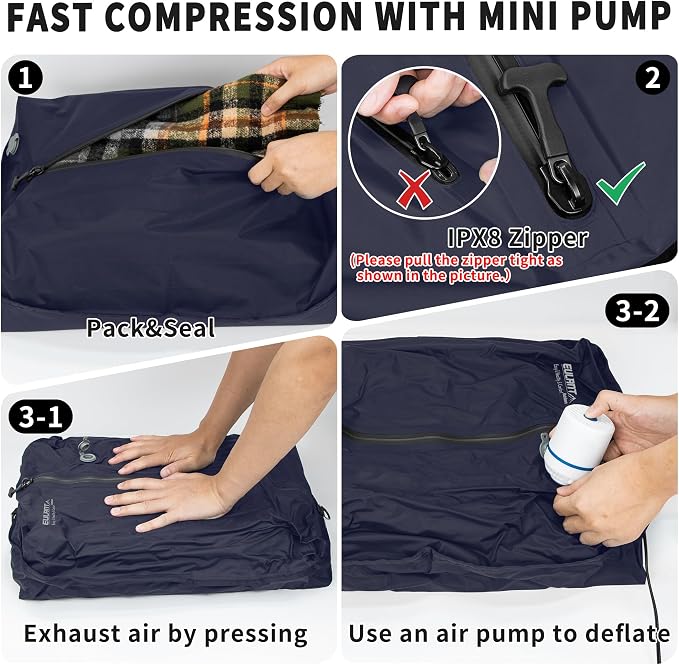 Eulant Travel Vacuum Bags with Pump,Professional IPX8 Waterproof Vacuum Compression Bag for Carry-On Suitcase & Travel Backpack,Space Saver Bags Packing Organizers(2 Pack,Blue) - Image 5