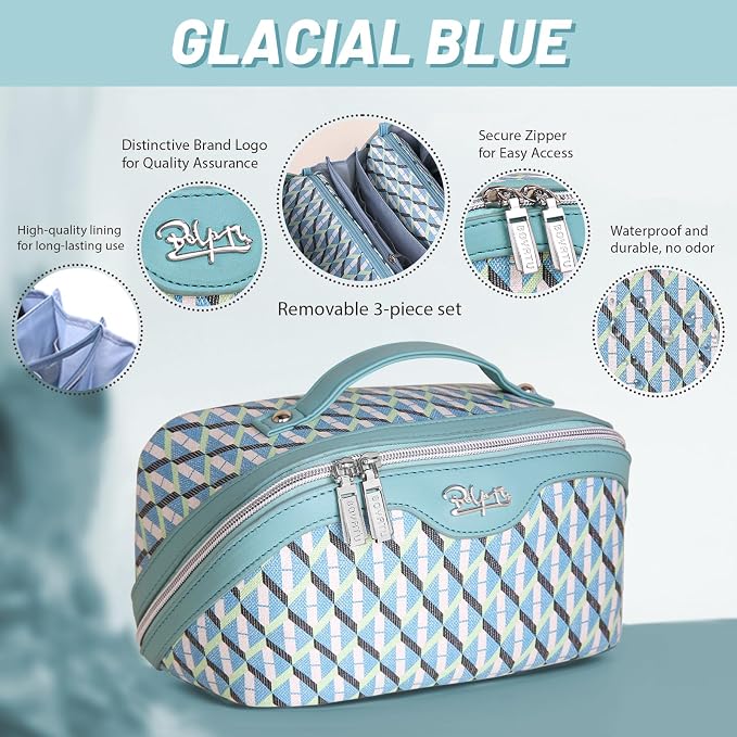 BOYATU Travel Makeup Bags for Women: Large Capacity Cosmetic Bag Set of 3 - Vegan Leather Make up Bags with Compartments - Wide Open Waterproof Toiletry Organizer Bag with Handle (P-02-Blue) - Image 4
